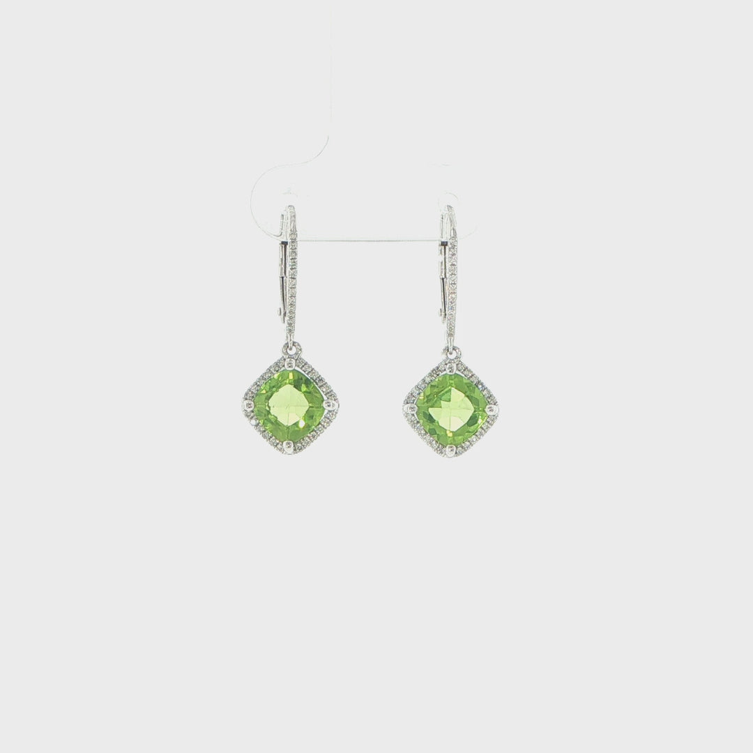 14K White Gold Peridot & Diamond Halo Drop Earrings