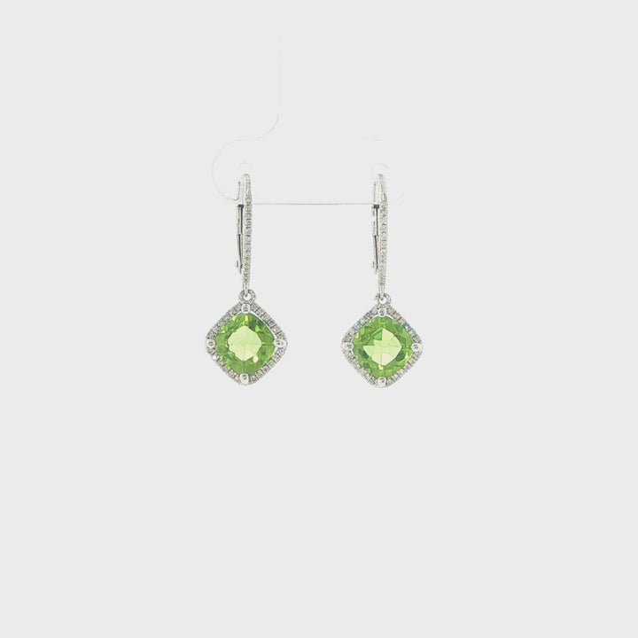 14K White Gold Peridot & Diamond Halo Drop Earrings