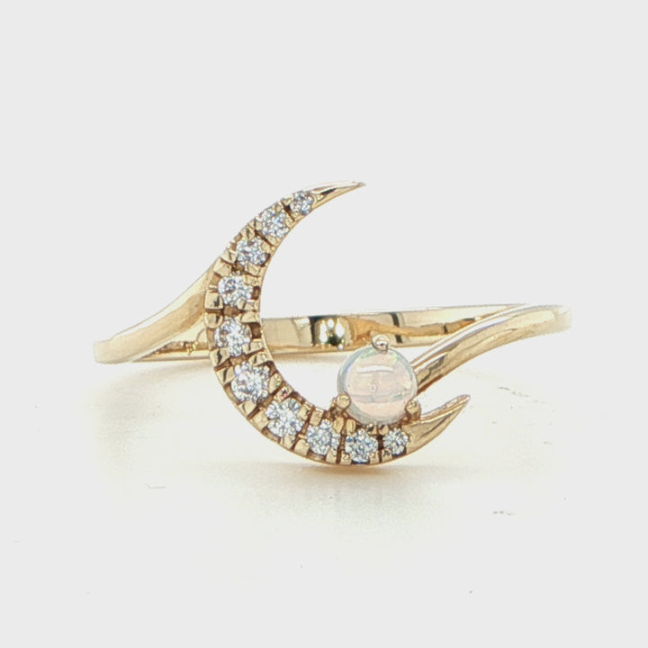 14K Yellow Gold Opal and Diamond Moon Ring