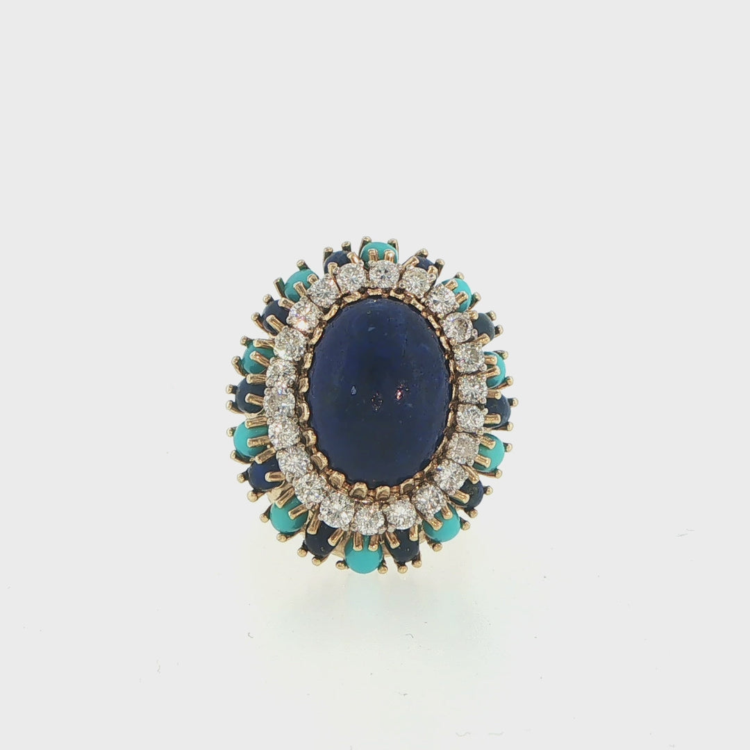 18K Yellow Gold Turquoise, Lapis & Diamond Cocktail Ring
