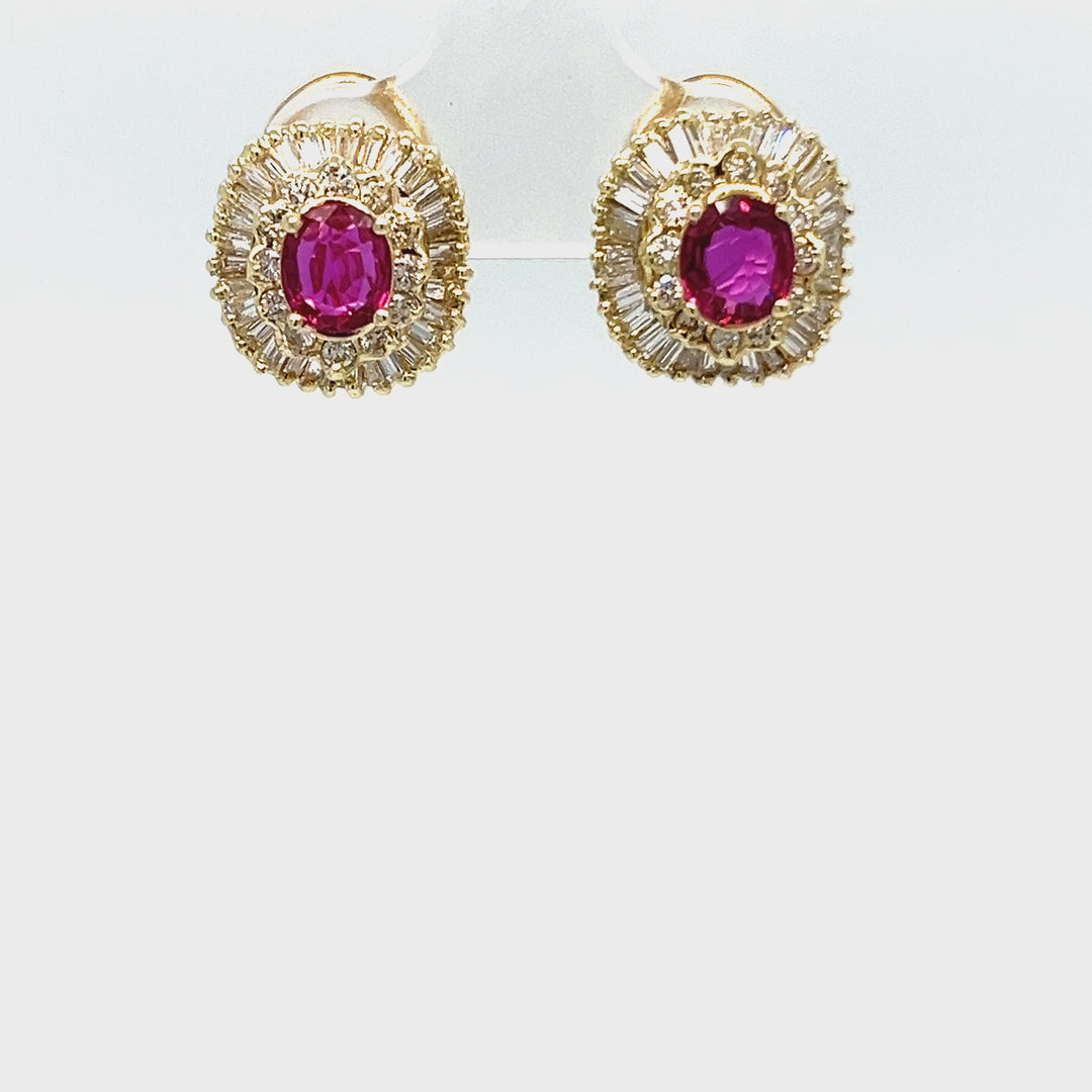 14K Yellow Gold Ballerina Earrings with Rubies and Diamond Halo