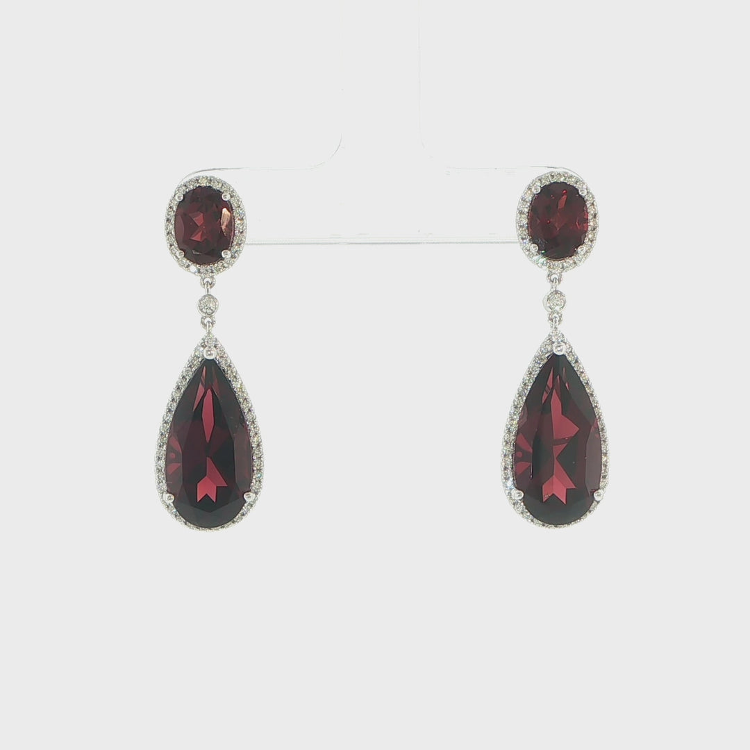 14K White Gold Garnet & Diamond Halo Teardrop Earrings
