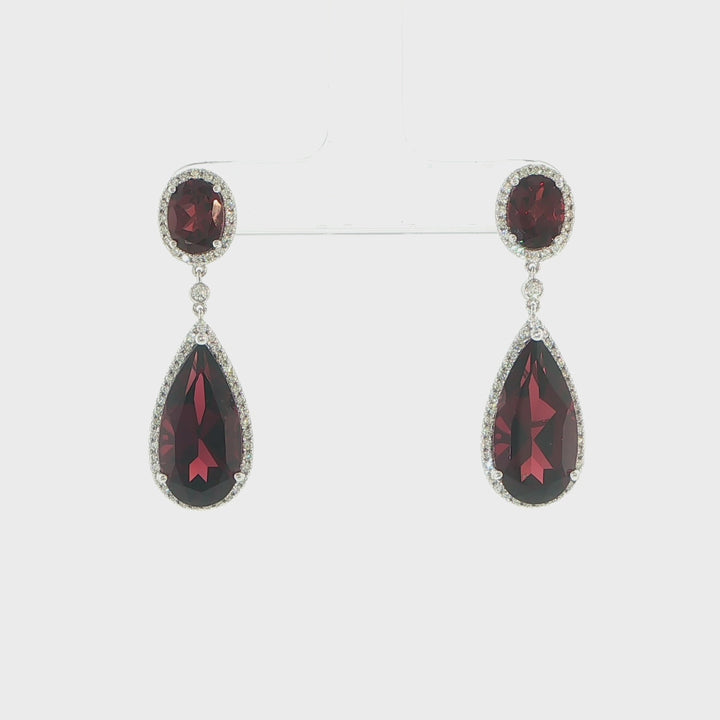 14K White Gold Garnet & Diamond Halo Teardrop Earrings