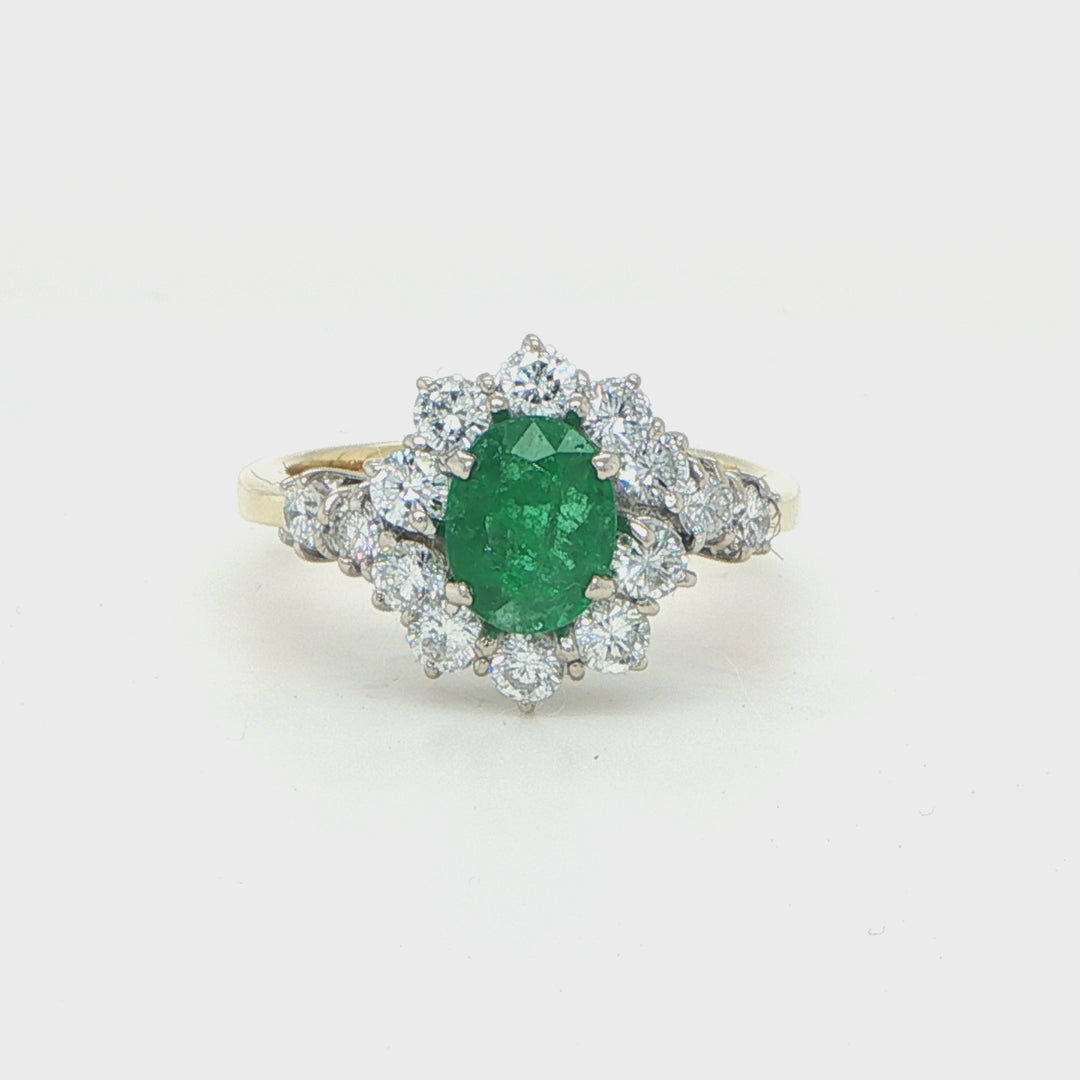 18K Yellow & White Gold Emerald and Diamond Halo Ring