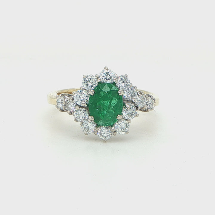 18K Yellow & White Gold Emerald and Diamond Halo Ring
