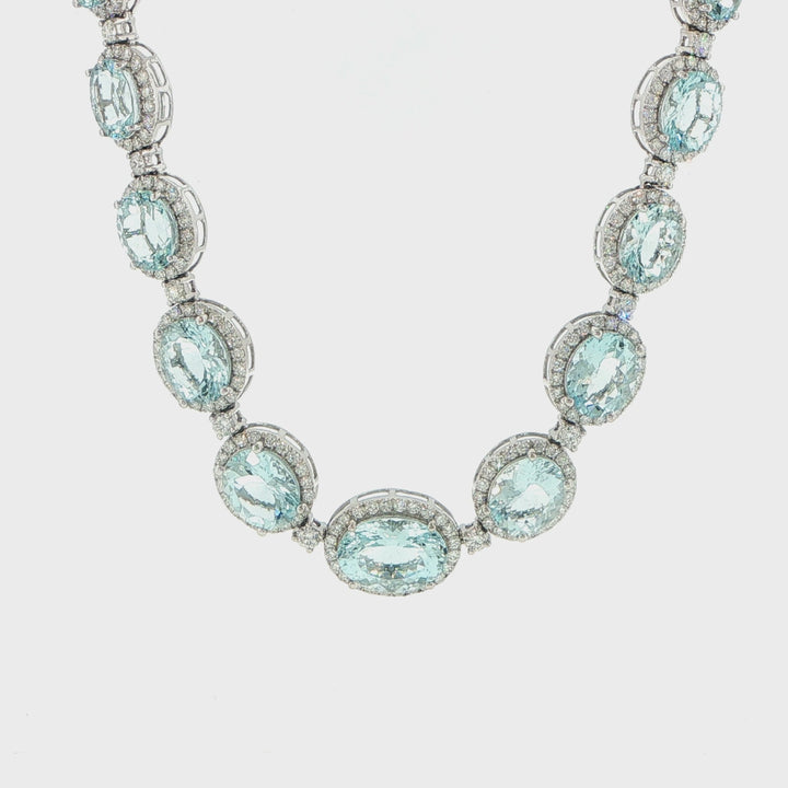 14K White Gold Aquamarine & Diamond Halo Necklace