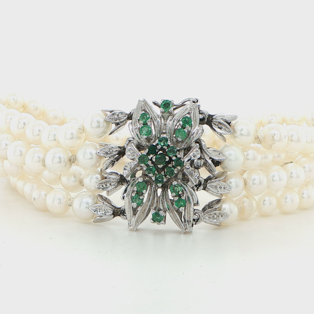 18K White Gold 4 Strand Pearl Emerald Bracelet