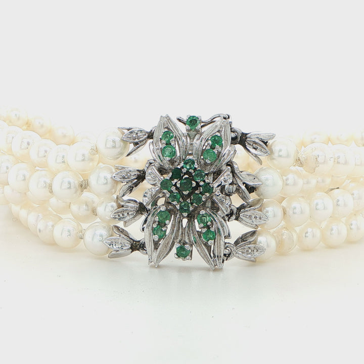 18K White Gold 4 Strand Pearl Emerald Bracelet