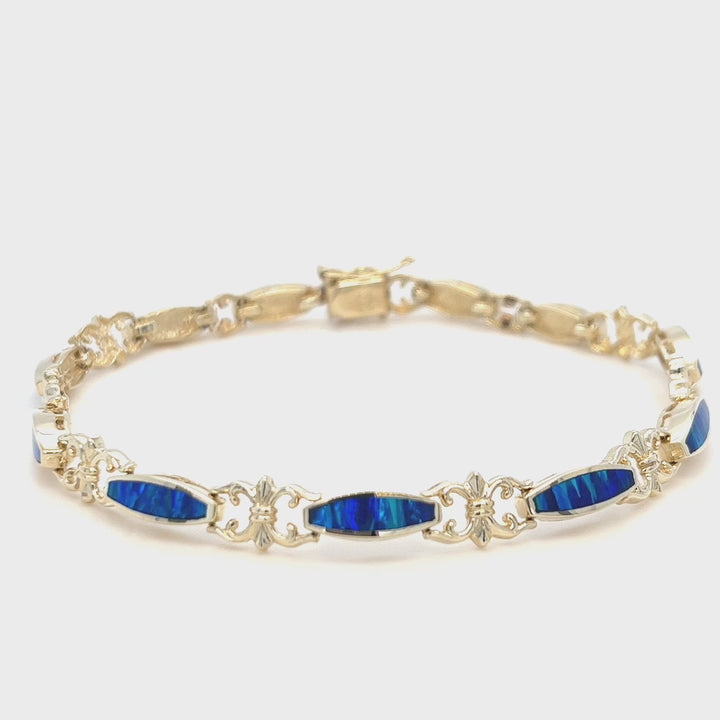 14K Yellow Gold Blue & Green Opal Inlay Bracelet