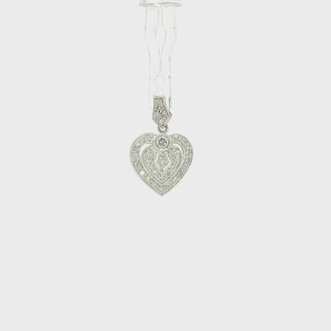 18K White Gold Diamond Heart Pendant with Milgrain Edge