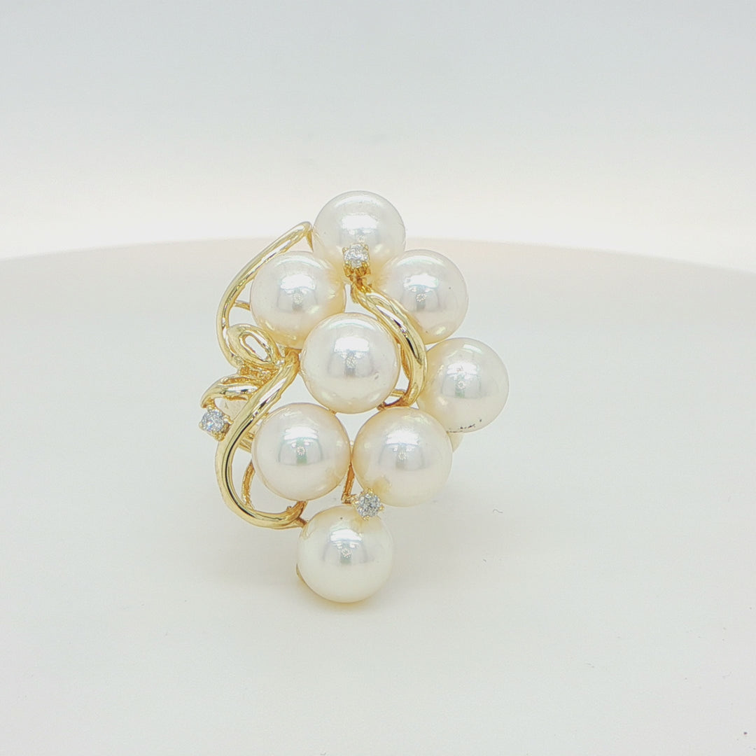 14K Yellow Gold Pearl Cluster Diamond Ring