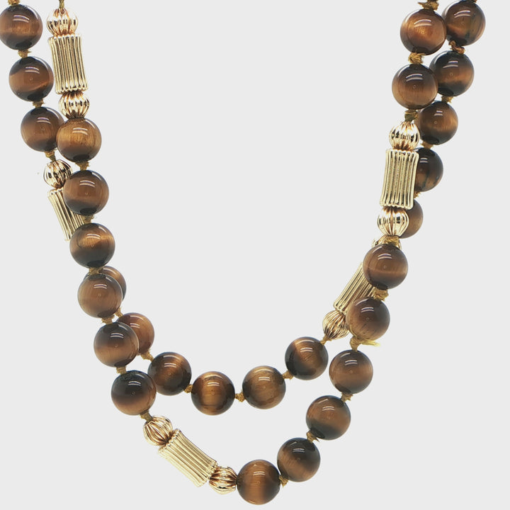 14K Yellow Gold Tiger Eye Beaded Necklace