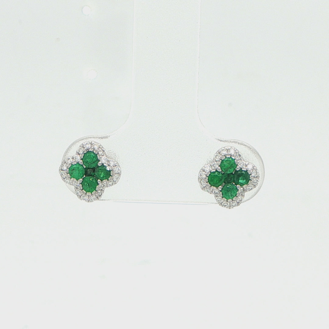 14K White Gold Emerald & Diamond Stud Earrings