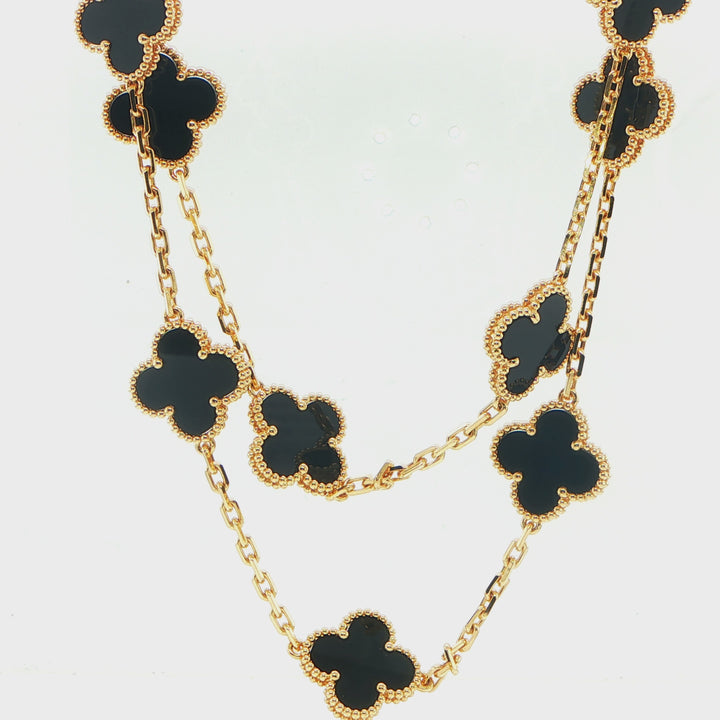 Van Cleef & Arpels Vintage Alhambra 20 Motif Onyx Necklace 18K Gold 34"