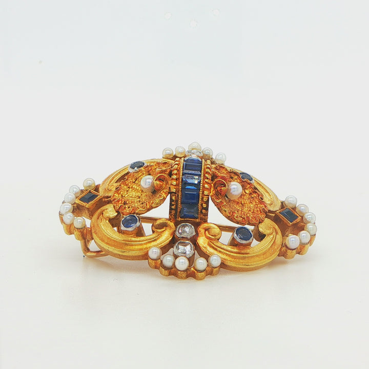 Antique 19K Yellow Gold Sapphire Pearl Diamond Pin