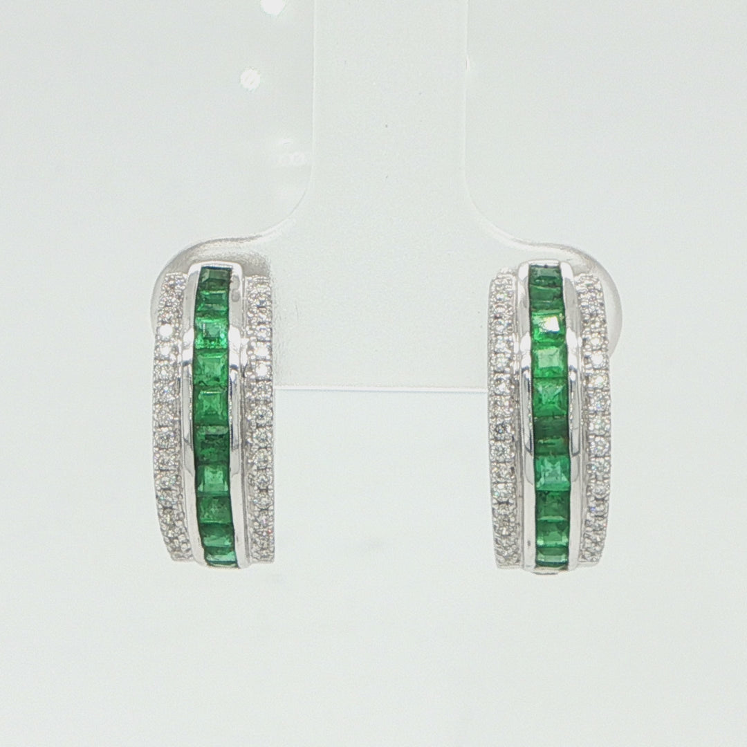 14K White Gold Emerald & Diamond Huggie Hoop Earrings