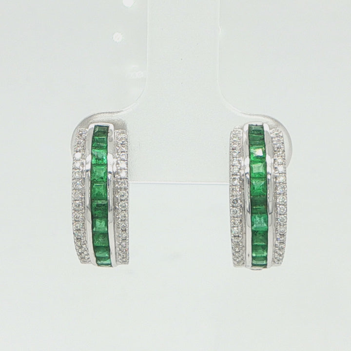 14K White Gold Emerald & Diamond Huggie Hoop Earrings