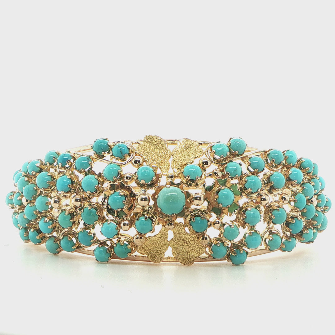 Vintage 14K Yellow Gold Turquoise Cabochon Bangle