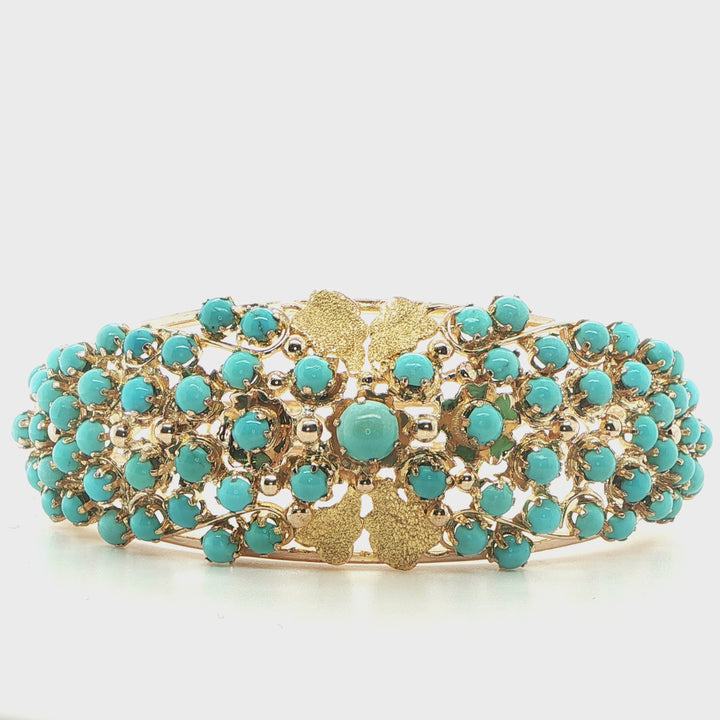 Vintage 14K Yellow Gold Turquoise Cabochon Bangle