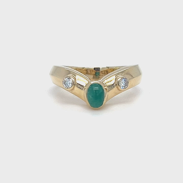 18K Yellow Gold Contour Band with Cabochon Emerald & Diamond Accents