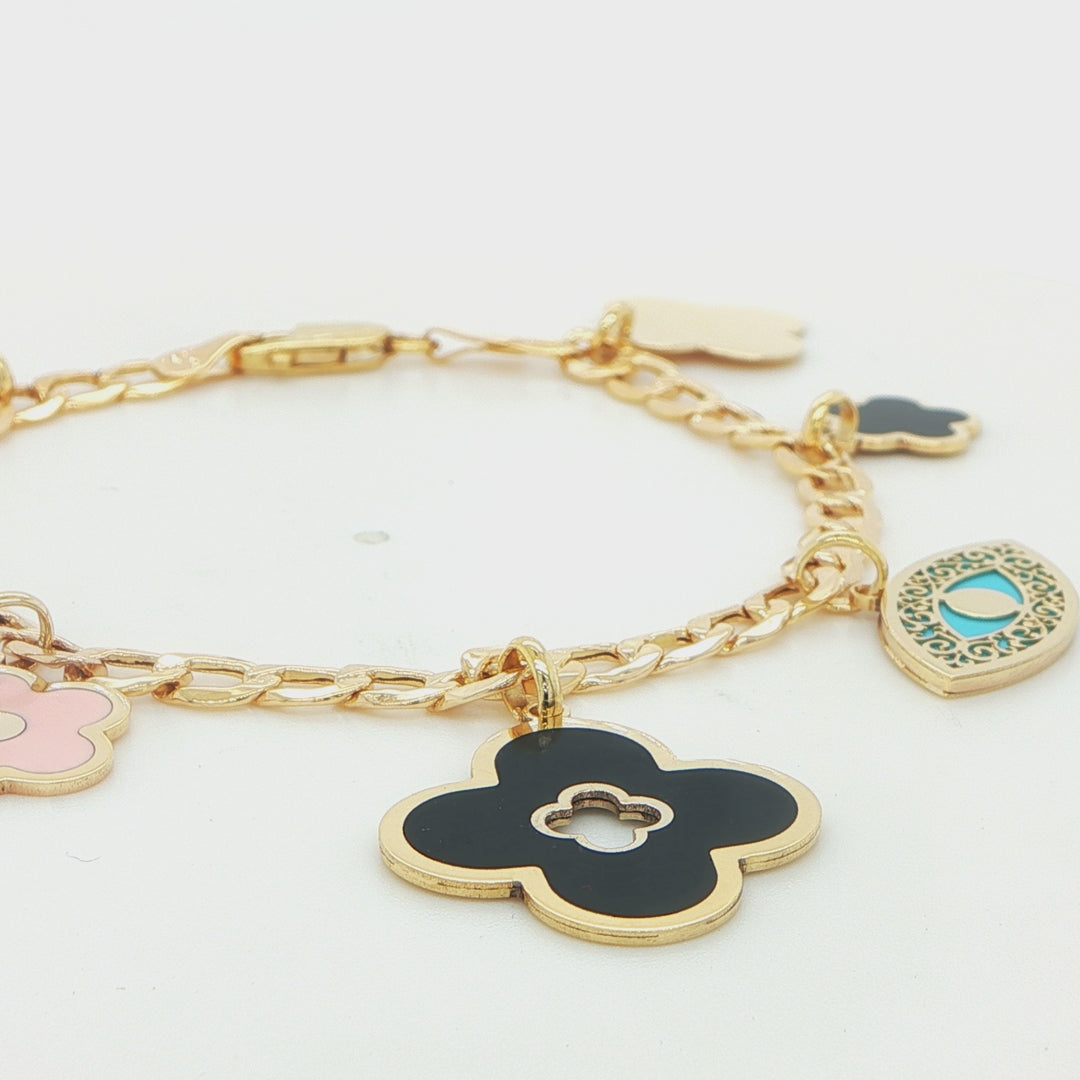 14K Yellow Gold Charm Bracelet – Heart, Flower & Eye Motifs 7"