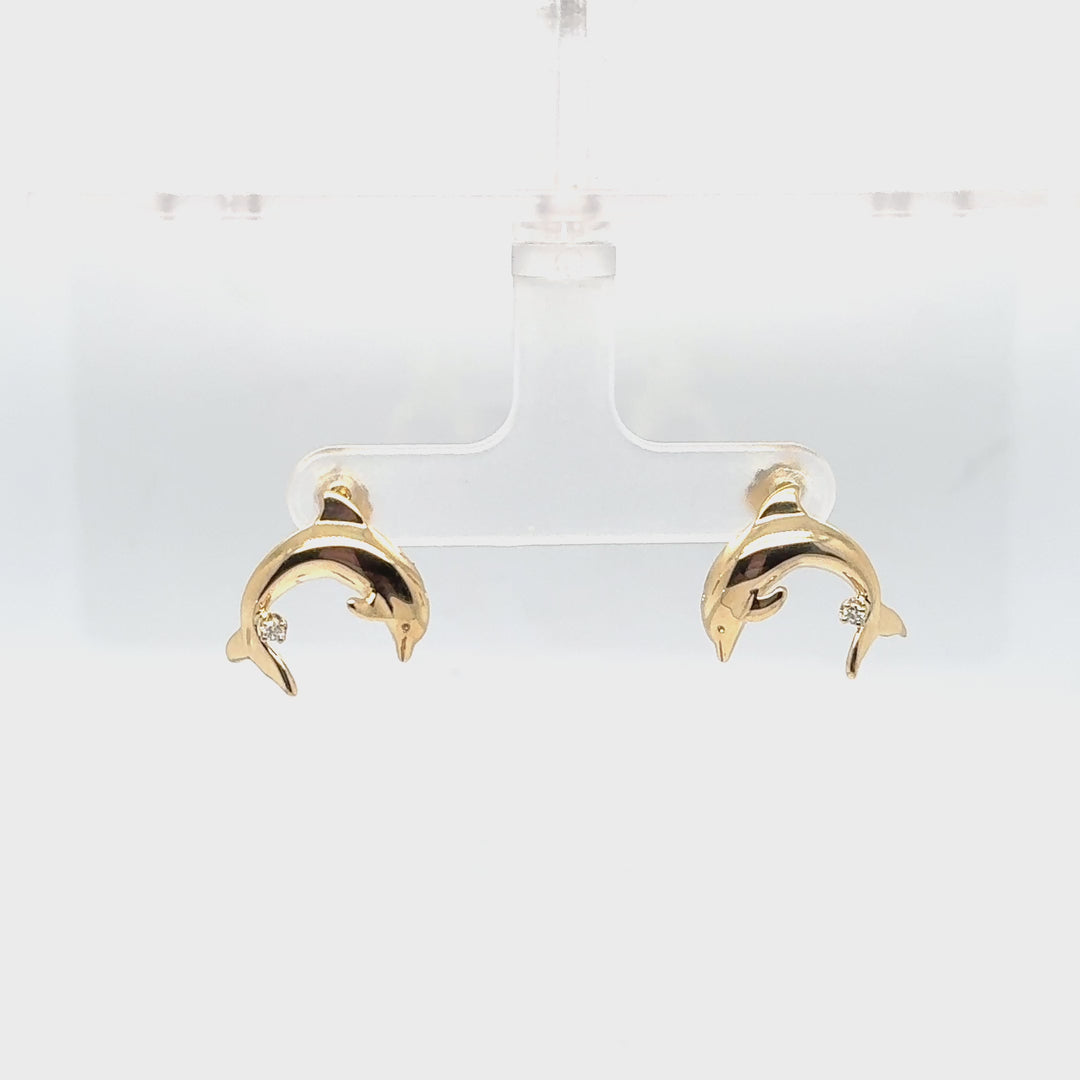 14K Yellow Gold Dolphin Diamond Earrings