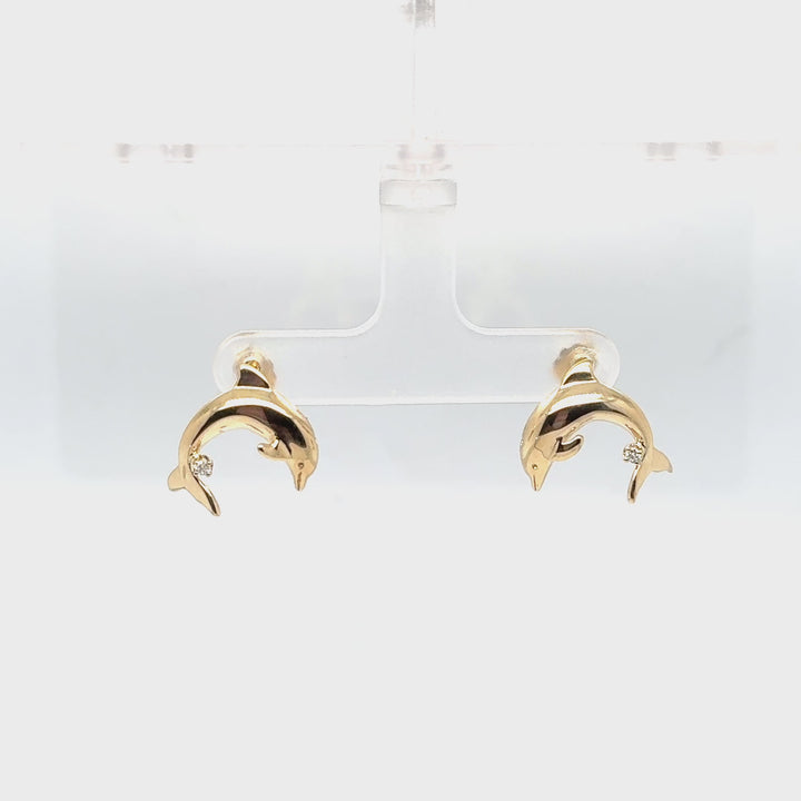 14K Yellow Gold Dolphin Diamond Earrings