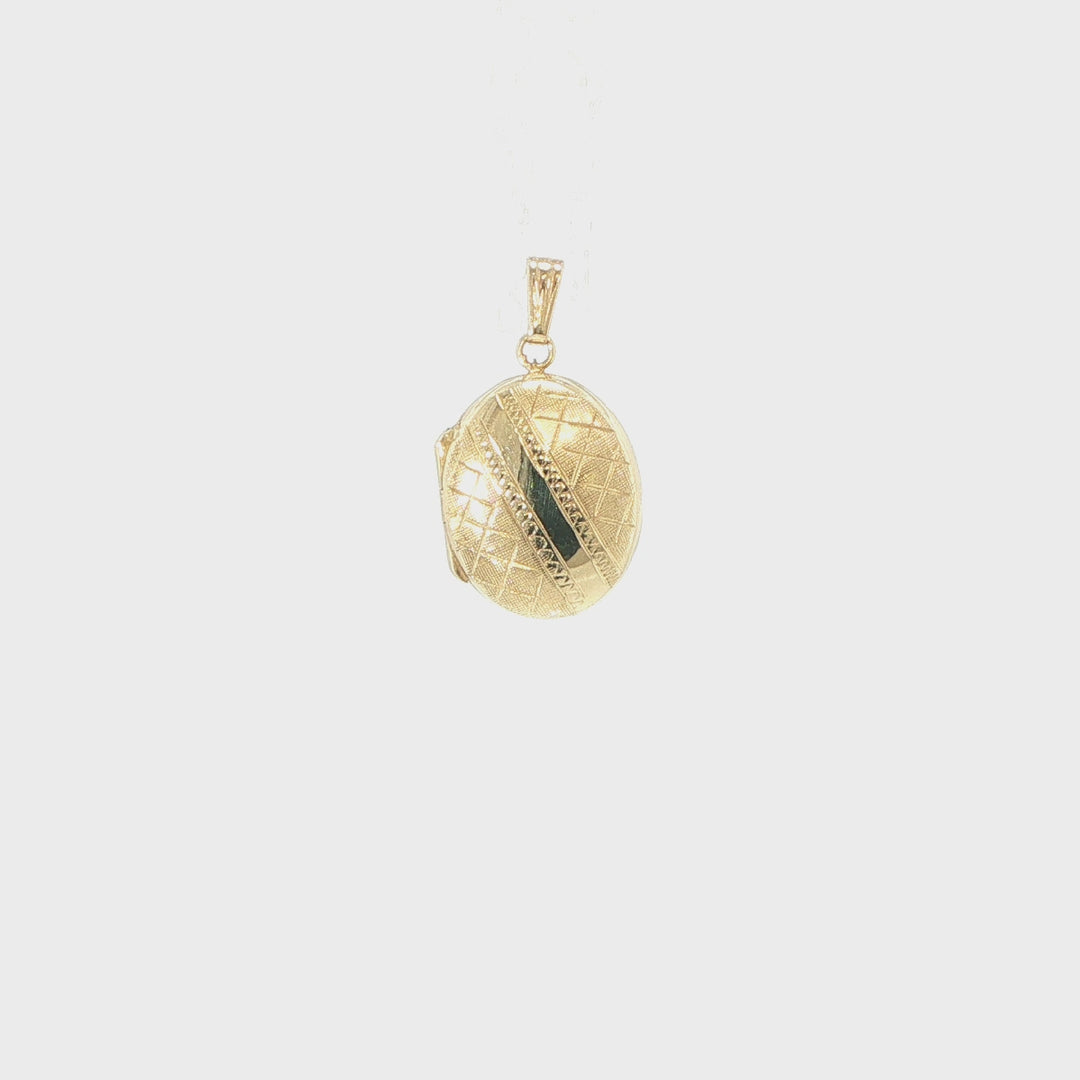 14K Yellow Gold Textured Oval Locket Pendant 22mm