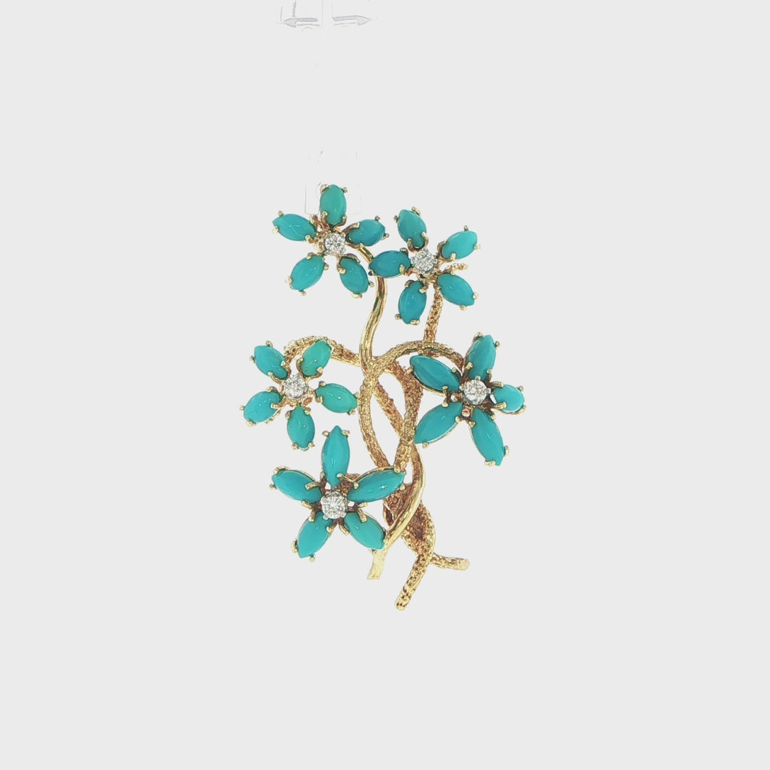La Triomphe 18K Yellow Gold Floral Pin with Turquoise & Diamond Accents