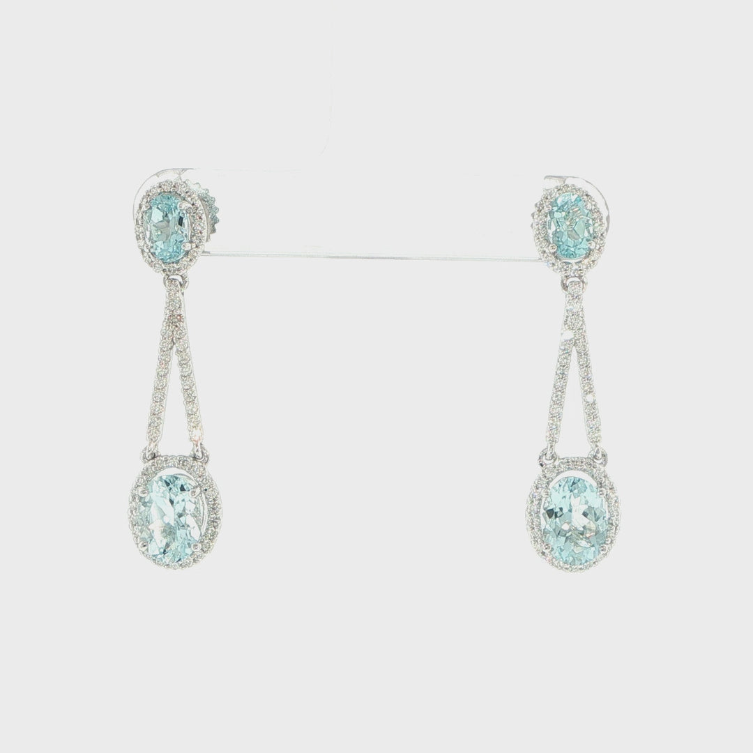 14K White Gold Aquamarine & Diamond Halo Drop Earrings