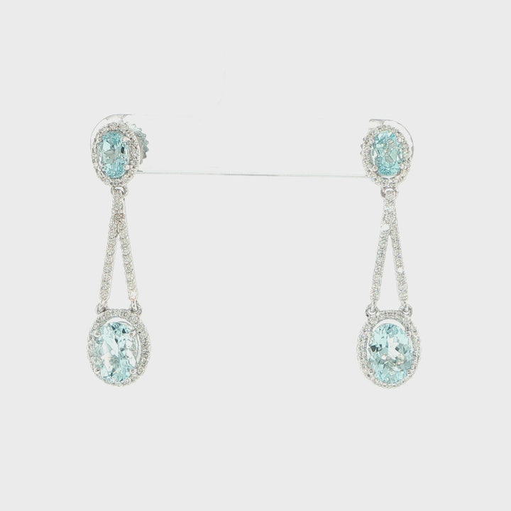 14K White Gold Aquamarine & Diamond Halo Drop Earrings