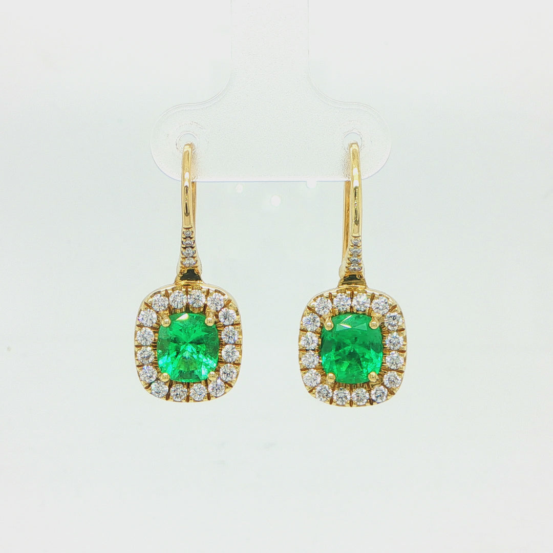 18K Yellow Gold Colombian Emerald & Diamond Drop Earrings