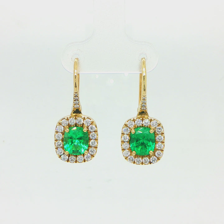 18K Yellow Gold Colombian Emerald & Diamond Drop Earrings