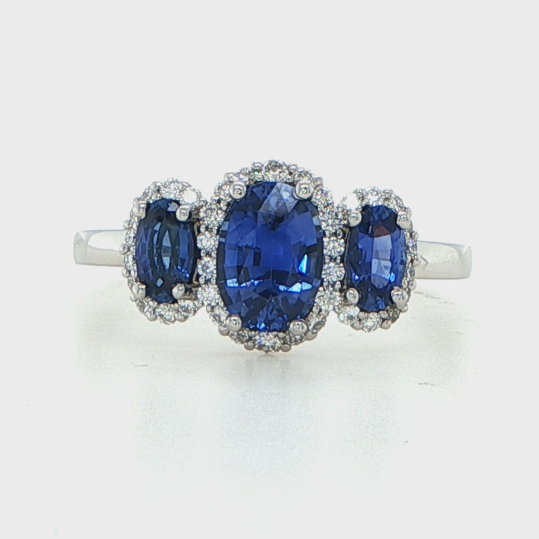 Platinum Three Stone Sapphire Diamond Ring