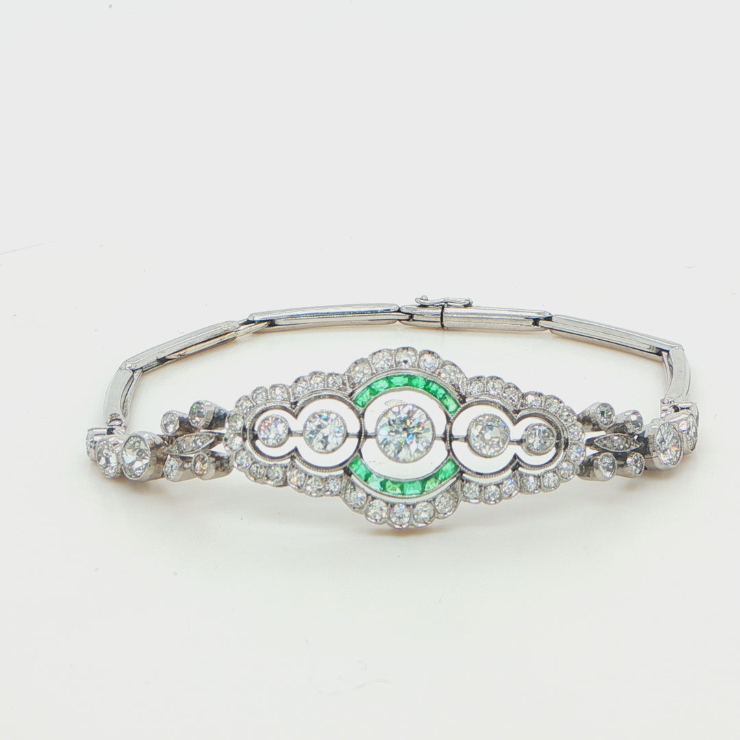Art Deco Platinum Emerald & Old Mine Diamond Bracelet
