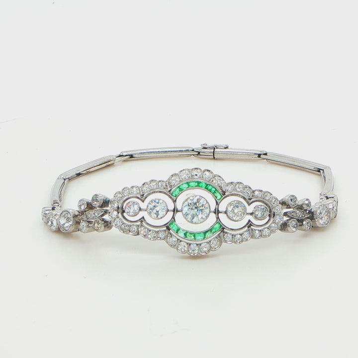 Art Deco Platinum Emerald & Old Mine Diamond Bracelet