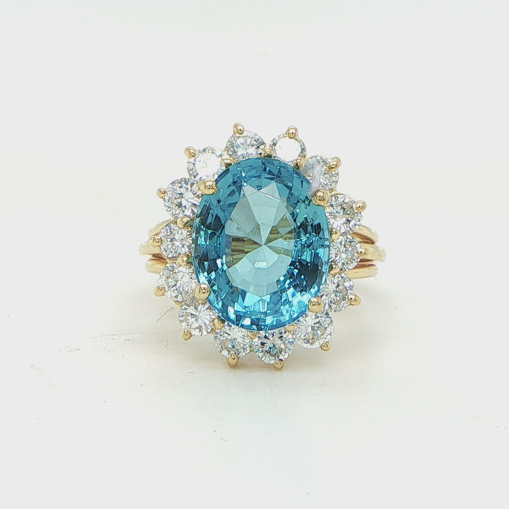 18K Yellow Gold Aquamarine & Diamond Halo Ring