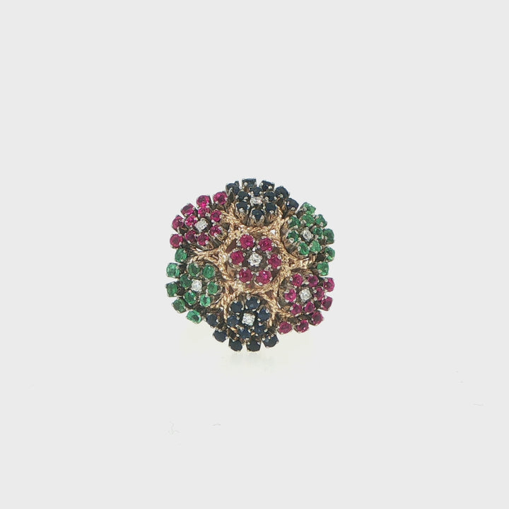 18K Yellow Gold Floral Emerald Sapphire Ruby Diamond Fashion Ring