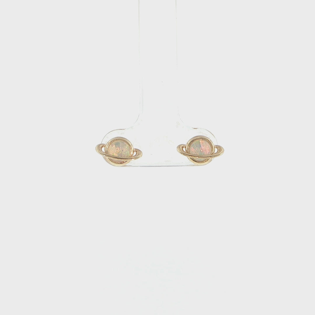 14K Yellow Gold Australian Opal Saturn Stud Earrings