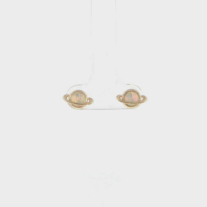 14K Yellow Gold Australian Opal Saturn Stud Earrings