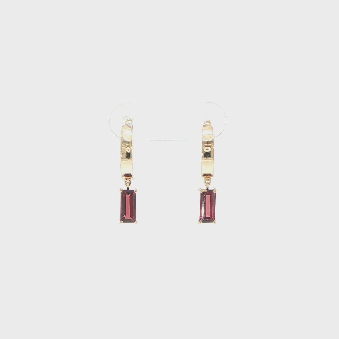 14K Yellow Gold Baguette Garnet Huggie Earrings