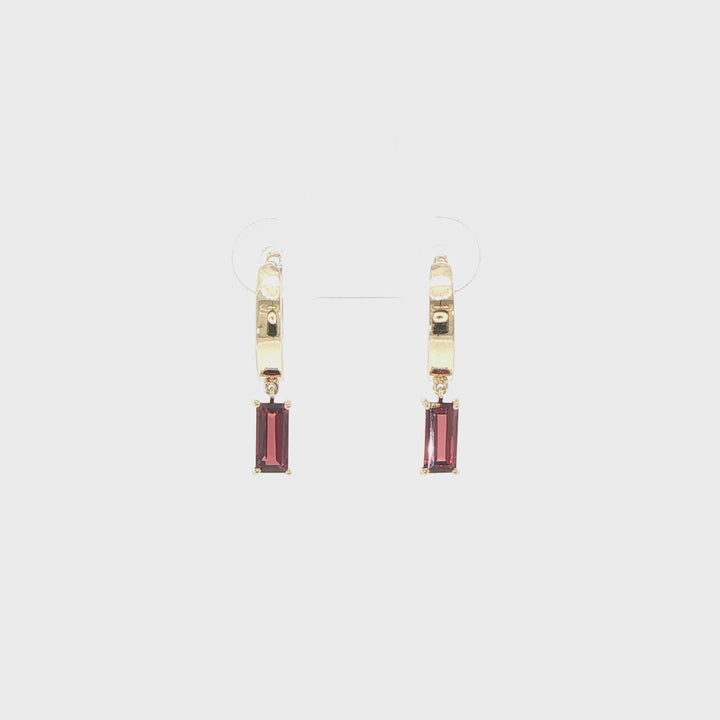 14K Yellow Gold Baguette Garnet Huggie Earrings