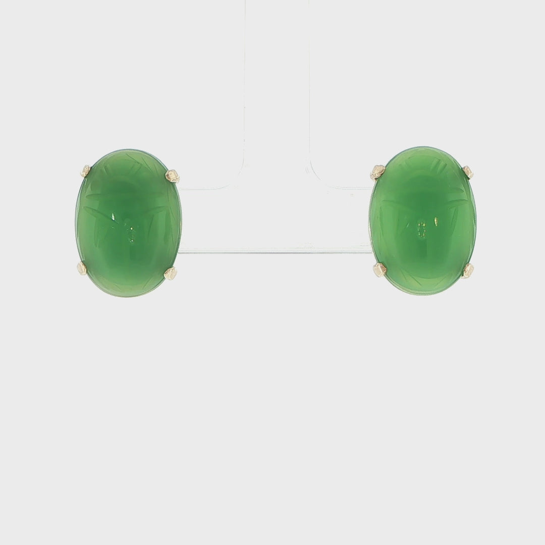 14K Yellow Gold Green Onyx Scarab Stud Earrings
