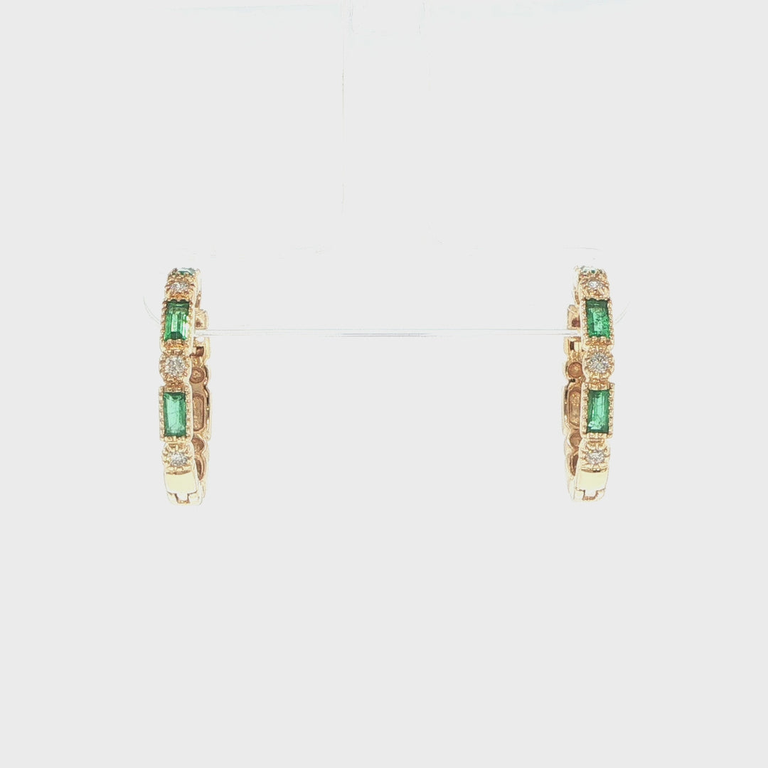 14K Yellow Gold Emerald & Diamond Hoop Earrings