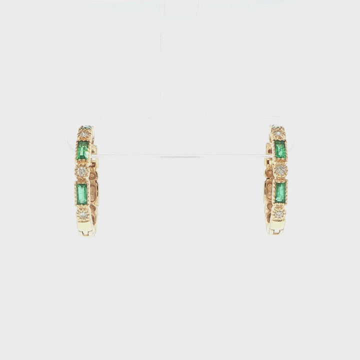 14K Yellow Gold Emerald & Diamond Hoop Earrings