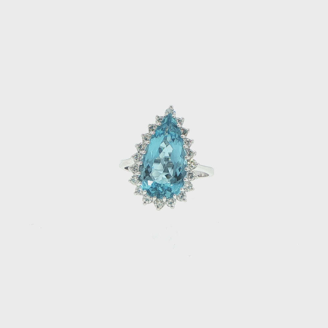 14K White Gold Pear Aquamarine & Diamond Halo Ring