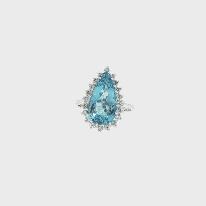 14K White Gold Pear Aquamarine & Diamond Halo Ring