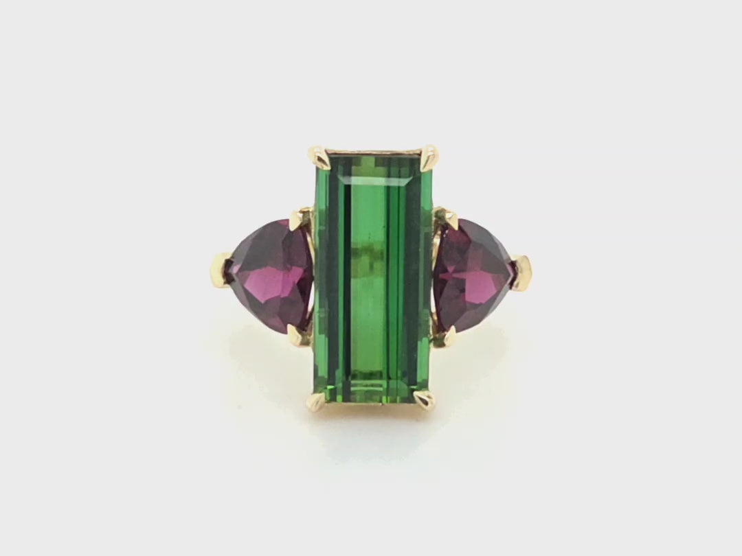 Tourmaline and Garnet Three Stone Ring