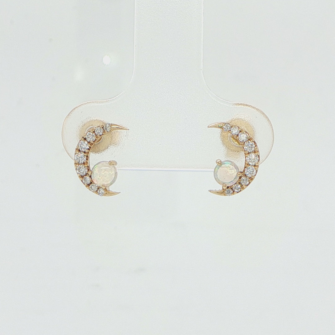 14K Yellow Gold Moon Opal Diamond Stud Earrings