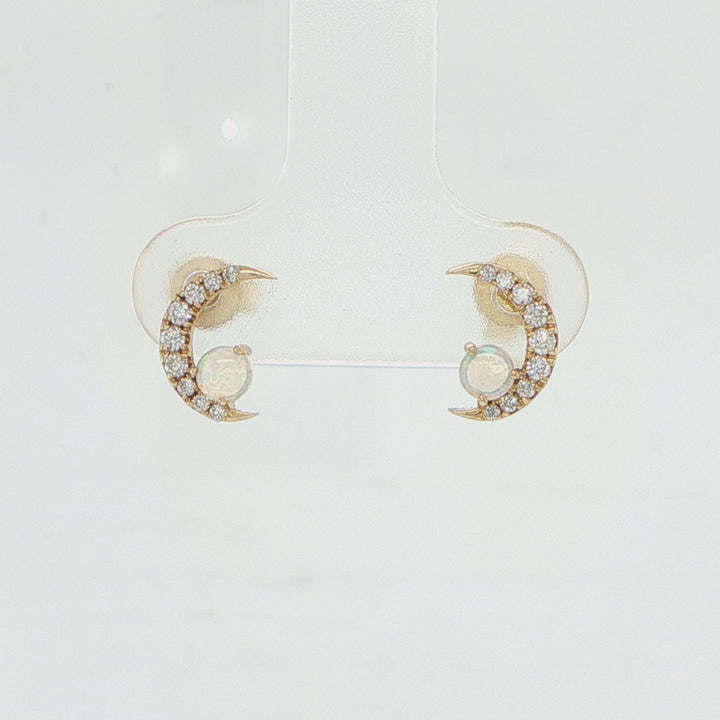 14K Yellow Gold Moon Opal Diamond Stud Earrings